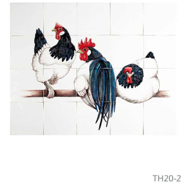 Beschilderd tableau van witjes met 3 kippen op stok
