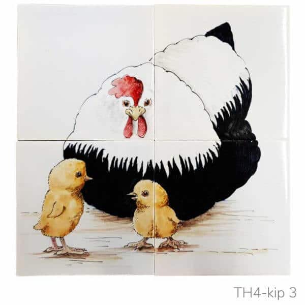 Beschilderd tableau van Friese witjes met illustratie van een kip met kuikens