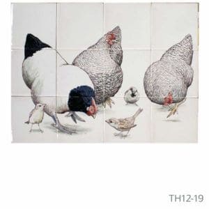 Beschilderd tableau van Friese witjes met illustratie van kippen met huismussen