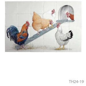 Beschilderd tableau van Friese witjes met illustratie kippen op trap