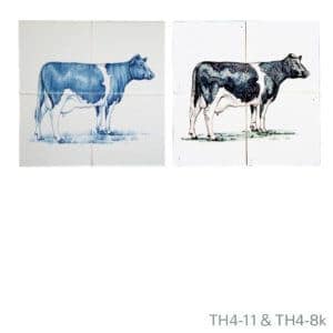 Beschilderd tableau van Friese witjes met illustratie van een koe in de weide in kleur en blauw