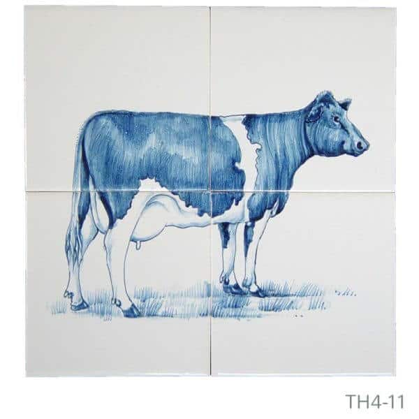 Beschilderd tableau van Friese witjes met illustratie van een koe in de weide in blauw
